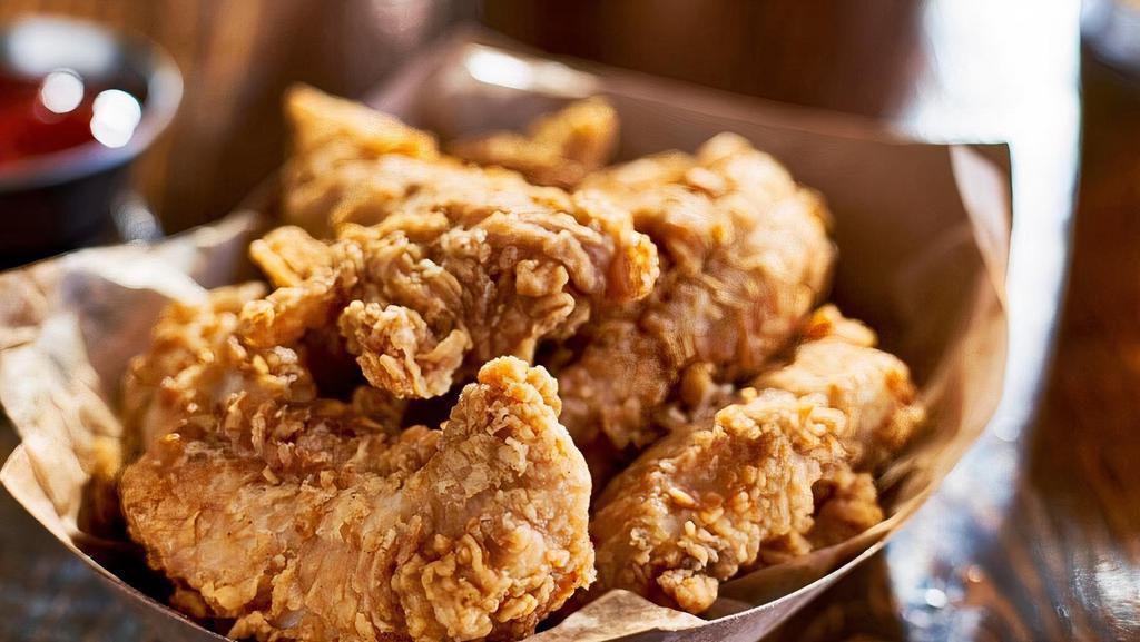 Tenders(6) · Fresh 100% natural all-white chicken breast, hand battered, cooked to order, served with house-made honey mustard or tossed in your choice of sauce with blue cheese.
