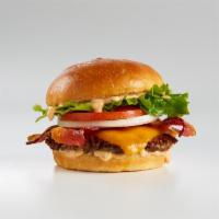 Bacon Cheddar Burger · Thick-cut applewood smoked bacon, Wisconsin cheddar cheese, crisp leaf lettuce, fresh tomato...