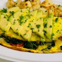 Park Omelet · Avocado, Cherry Tomatoes, Onions, Spinach, and Arugula. Homestyle Fries or French Fries, and...