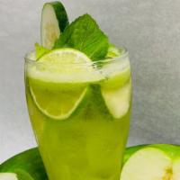 Green Lemonade · Lemons, Ice, Brown Sugar, Cucumber, Green Apples, and Mint Leaves.