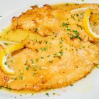 Chicken Francese · Egg and flour with lemon and white wine sauce.