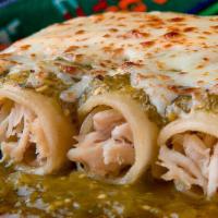 Enchiladas De Pollo · Chicken enchiladas stuffed tortilla with chicken topped with green Mexican sauce, lettuce, s...