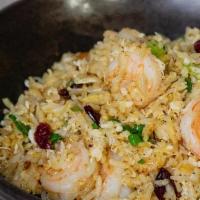 Golden Egg Shrimp Fried Rice · egg yolk-coated rice, shrimp, conpoy (dried scallop), ginger, garlic, cranberry, scallion