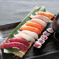 Sushi Deluxe · Nine pieces of sushi and one tuna roll. Served with miso soup or salad.