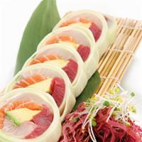 Rainbow Naruto Roll · Tuna, salmon, white fish, yellowtail, and avocado wrapped in cucumber.