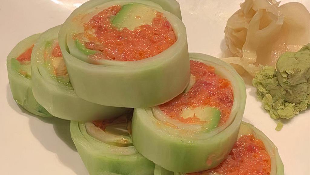 Spicy Tuna Naruto Roll · Hot. Spicy tuna and avocado wrapped in cucumber.