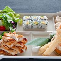 Bento Box · Served with rice, miso soup, salad, California roll, shumai and  fruit.