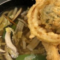 Tempura Udon · Shrimp, vegetable tempura and noodle in clear broth.