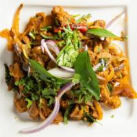Mutton Sukka Varuval · Goat Boneless/Caramelized Onions/Curry Leaves/Coriander/Fennel/Cumin/Garam Masala (GF)