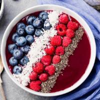 Berry Passion Acai Bowl · Strawberries, raspberries, blueberries, almond milk, organic raw agave, granola.