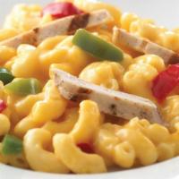 Fajita Mac · Grilled onions & peppers on top of cavatappi noodles with homemade cheese  sauce.