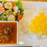 Eggplant Stew (Gheimeh Bademjan) · Savory medley of eggplant, steamed beef, yellow split peas and sautéed onions in a fresh tom...