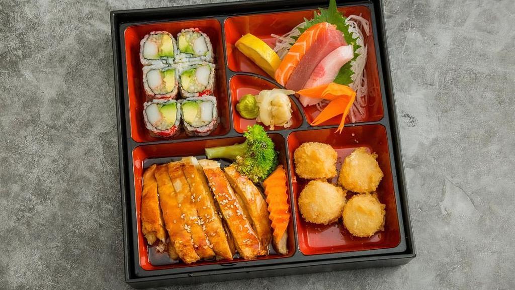 Dinner Bento · All Bento Box comes with Rice, Tuna Roll or California roll, Shuimai, and salad or miso soup, and choose of entrée.   Brown Rice available