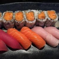 Tri-Color Sushi Platter · 3 pieces each of tuna, salmon, yellowtail and 1 tuna roll. serve with miso or salad
