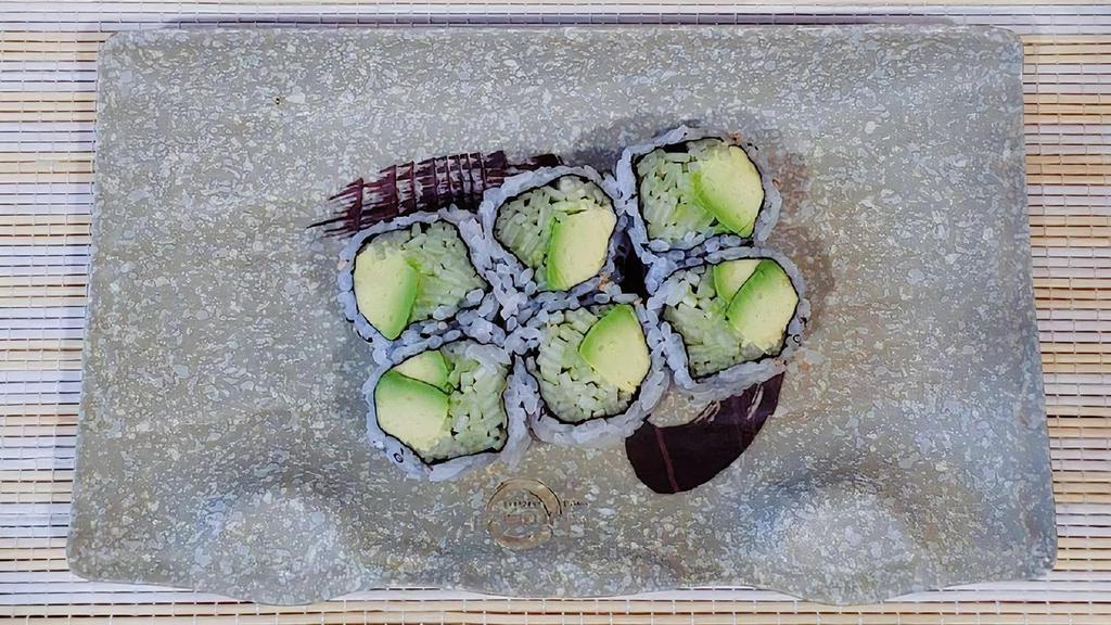 Avocado & Cucumber Roll · Avocado, Cucumber, wrapped with seaweed, with rice on the outside.