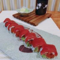 Shohoku Roll · Spicy tuna, avocado, crunch inside. tuna on the top