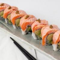 Kyoto Roll · Avocado inside, topped seared salmon and yuzu paste