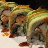 Dragon Roll · Eel and cucumber topped with avocado , tobiko , and eel sauce.