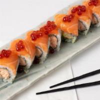 Salmon Full House Roll · salmon tempura, avocado inside. topped with salmon and salmon roe