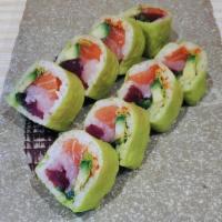 Osaka Roll · Tuna, salmon, Yellow tail, Jalapeno, Avocado, Masago, scallion. wrapped with soy paper