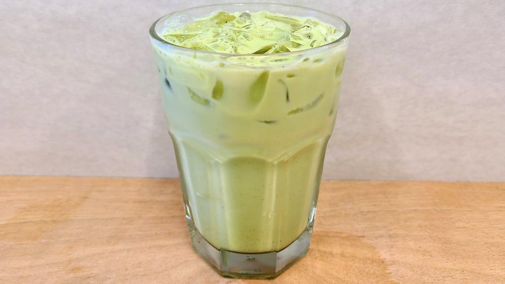 Iced Matcha · Lightly sweetened organic matcha green tea (from Two Leaves and a Bud) with milk over ice