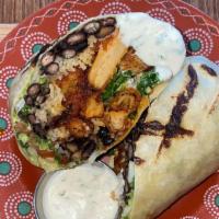 Búfalo Pollo Burrito · Daring Chicken, buffalo sauce, black beans, lettuce, pico de gallo, guac, ranch dressing.