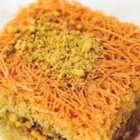 Knafe · Shredded filo layered with pistachios.