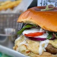 The Gameday Burger · Signature burger blend, chipotle mayo, mixed greens, red onions, tomatoes, American cheese a...
