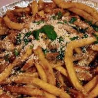 Btc Papas Fritas · Hand cut fries topped with cotija cheese, cilantro, BTC chilli powder served with chipotle m...
