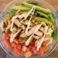 Mex-Cobb Salad · Romaine lettuce with black beans, corn, onions, diced tomatoes, mex-cheese, avocado, chicken...