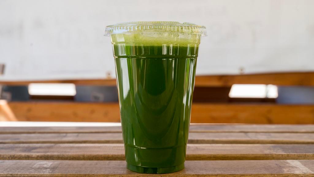 Detox · Spinach, kale, apple, ginger, celery, cucumber, lime, and parsley.