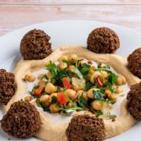 Hummus Plate · Gluten free, vegetarian. Hummus, chickpea salad, tehina, six falafel balls, drizzled with ol...