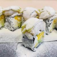 Delight Roll (8) · Cheese mango and avocado inside, top with grilled Hokkaido scallops ,avocado sauce and mango...