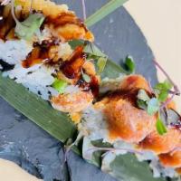 Manhattan Roll (8) · Shrimp Tempura,Cucumber inside,Topped w. Spicy Tuna and Eel Sauce