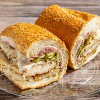 Mona Lisa · Made with chicken cutlet, mozzarella, prosciutto, choice of fried hot peppers or sweet roast...