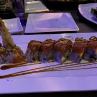 Ak47 Roll · Shrimp tempura inside topped w. spicy tuna, lobster meat and roasted shredded seaweed, serve...