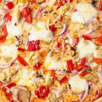 Vegetable Pizza · Thin crust pizza topped with peppers, onions, mushrooms, fresh tomatoes, mozzarella cheese a...