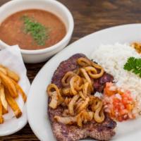 Bife Acebolado · Thin pan fried grassfed steak with onions served with white rice, beans, farofa, country vin...