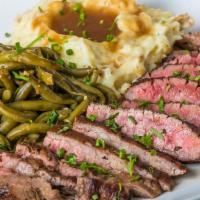 Flank Steak · 8oz USDA Choice Flank Steak Grilled or Blackened to your choice of temperature, served with ...