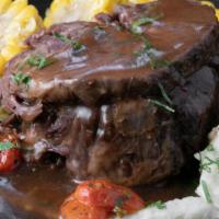 Beef Short Ribs · Over a Half Pound of Slowed Cooked, Fork Tender, Beef Short Ribs Topped with Pan Sauce . Ser...