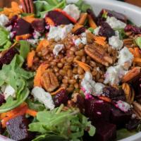 Wheat Berry Rocket Salad · Wheat Berries& Arugula  topped with Honey Coated Beets, Carrots, Feta Cheese, Toasted Pecans...