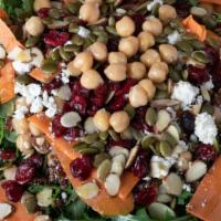 Chickpea Salad · Baby Arugula tossed with Chickpeas, Quinoa, and Carrots. Topped with Feta Cheese, Dried Cran...