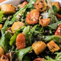 Hooked Jc House Salad · Mixed Greens with Honey-Thyme Vinaigrette, Capers, Sunflower Seeds, Mediterranean Roasted To...