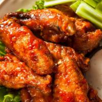 Bbq Wings · 6 pieces served with choice of dip (blue cheese /ranch), celeries and carrots.