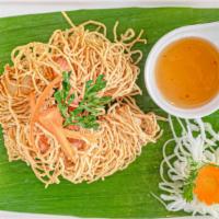 Crispy Mummy Shrimp · Shrimp wrapped with egg noodle served with sweet chili sauce.