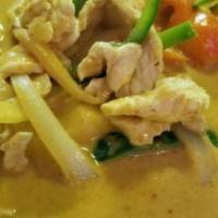 Yellow Curry · Potato, bell pepper, white onion and fresh basil in a dried chili coconut sauce. Served with...