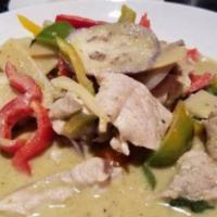 Green Curry · Eggplant, bamboo shoots, bell pepper and fresh basil in a fresh chili coconut sauce. Served ...