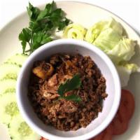 Laab Kur (Northern Thai Style) (Cannot Make It Not Spicy Or Mild Spicy) · Grounded pork, fried onions, scallions, cilantro, pig's ears all in northern Thai spicy and ...