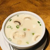 Tom Kha Soup · Coconut milk-based soup with onion, bell pepper, mushroom, galangal, lime leaves, lime juice.