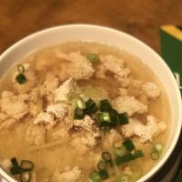 Rice Soup · Rice, grounded chicken, ginger, celery, scallion in clear broth soup.